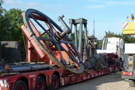 The beam engine secured on low loader.