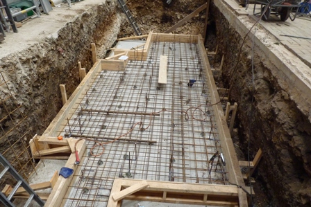 Steel reinforcing in place, read for concrete to be poured.