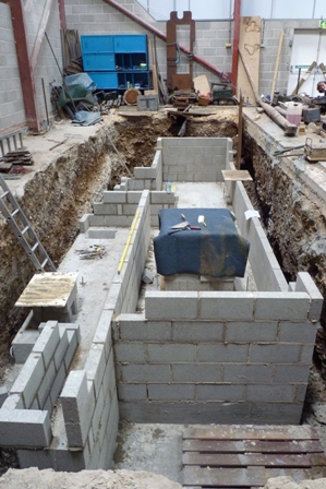 Concrete block columns partly built. These will support the RSJ subframe.