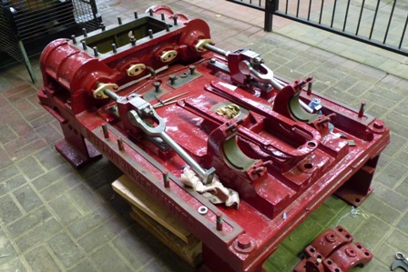 Newly painted capstan engine bedplate with cross-heads and connecting rods fitted.