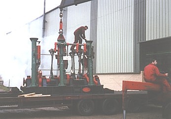 Unloading the base, crankshaft and column assembly, of the Charles Holmes triple expansion engine.