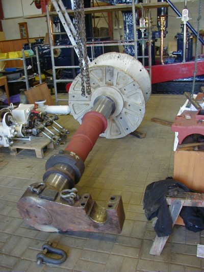The repaired paddle wheel hub and crankshaft back at the museum.