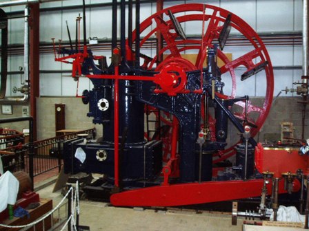 The side-lever engine from the paddle tug Reliant, with its red paddle wheel